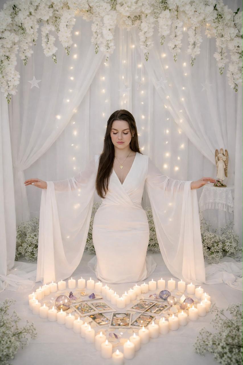 Astróloga Lara em vestido branco, cercada por velas em formato de coração