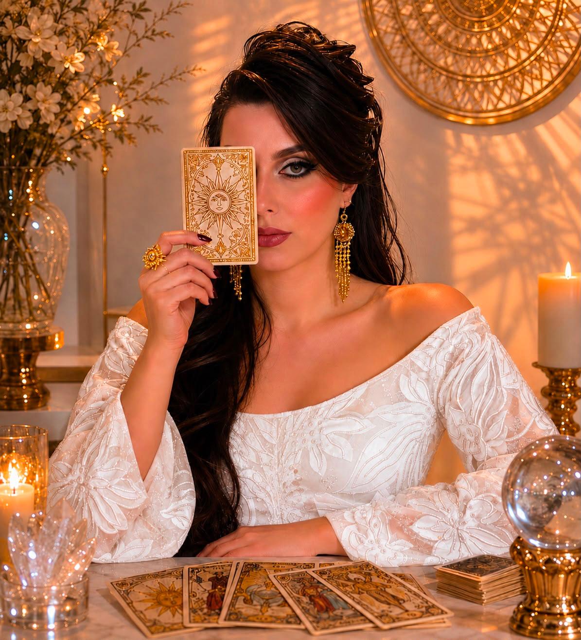 Astróloga Lara segurando uma carta de tarot dourada